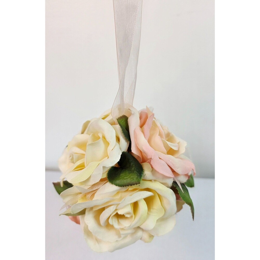 Vintage Flowergirl Pomander Wedding Kissing Ball Pink White Artificial Silk Rose
